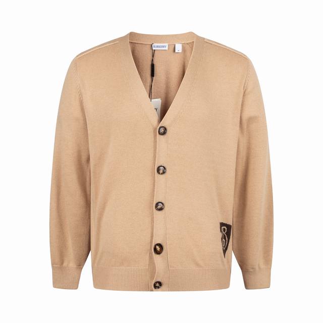 Exclusive Supply Burberry Shield Intarsia V-Neck Knit Cardigan, Khaki. Developed