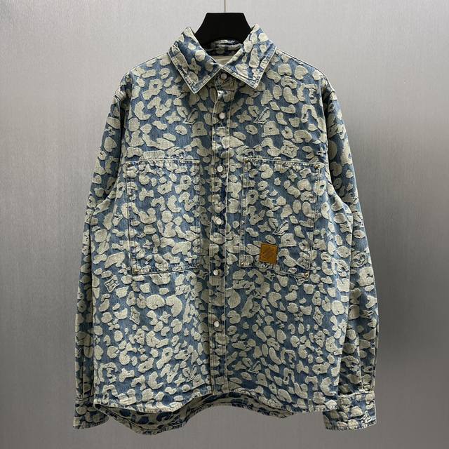 Lu Leopard Print Jacquard Denim Jacket Size: S-XL This washed denim workwear jac