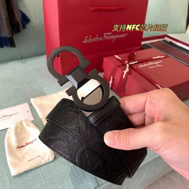 Ferragamo Full Set Packaging, 3.5cm Width, High-End Custom Men's Leather Belt, D