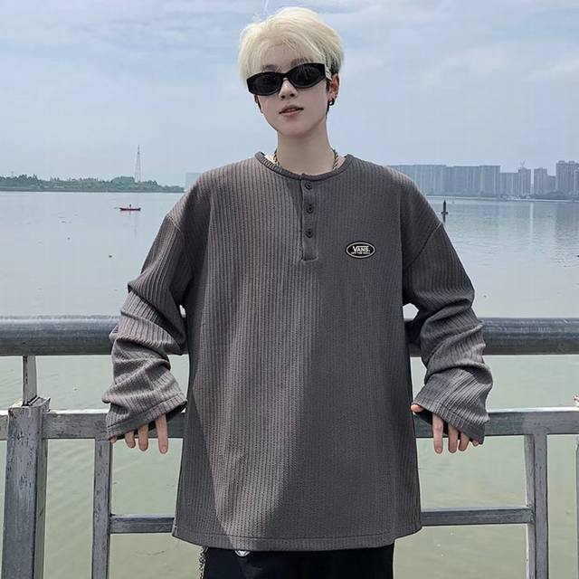 Vans Overseas Limited Edition Henley Collar Textured Long-Sleeve Polo Shirt Pull