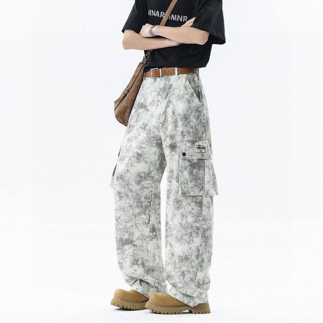 Stussy American Retro Tie-Dye Pure Cotton Cargo Pants, Dirty Pants, Casual Pants