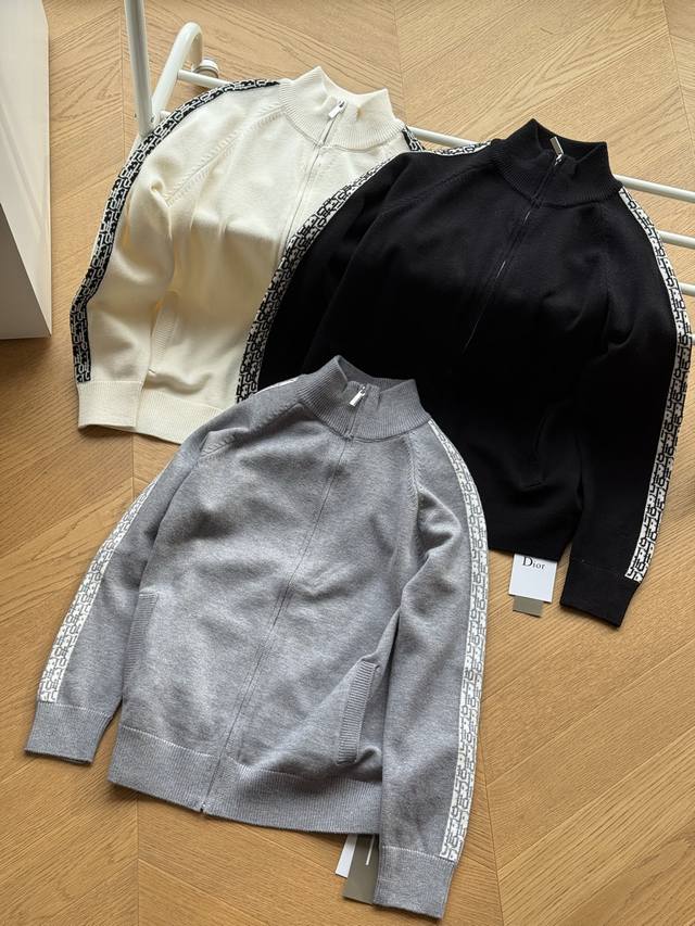 Dior side stripe stand collar cardigan sweater Gray, black, off-white M~XL Sold