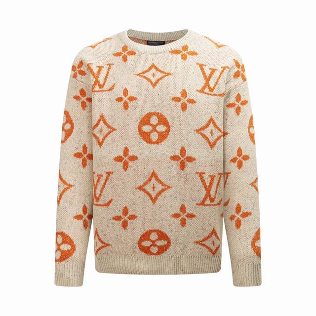 Louis Vuitton Crew Neck Pullover Sweater with Logo Jacquard All-Over Design, Lon