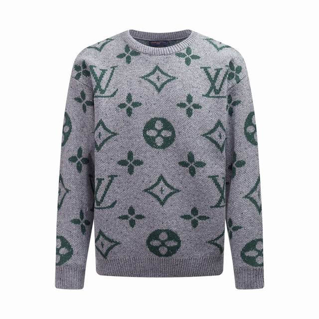 Louis Vuitton Crew Neck Pullover Sweater with Logo Jacquard All-Over Design, Lon