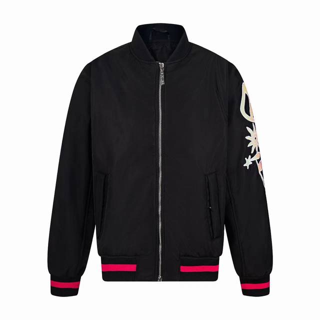 Dio* Dior No. 47 Neon Pink Trimmed Black Bomber Jacket This short jacket is a ne