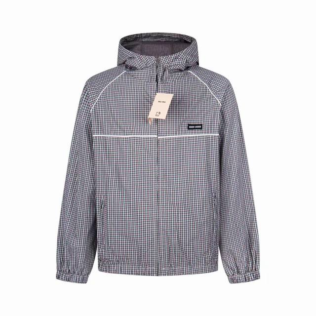 Miumi* Checkered Technical Fabric Bomber Jacket Retro Two-Tone Checkered Pattern