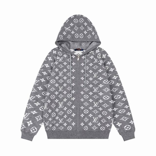 Lv Louis Vuitton New All-Over Logo Jacquard Wool Blend Zip-Up Cardigan Made from