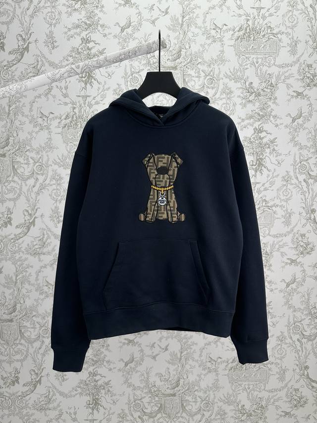 Fendi 25Ss New Dark Blue Cotton Sweatshirt, Long Sleeve, with Drawstring Hood.