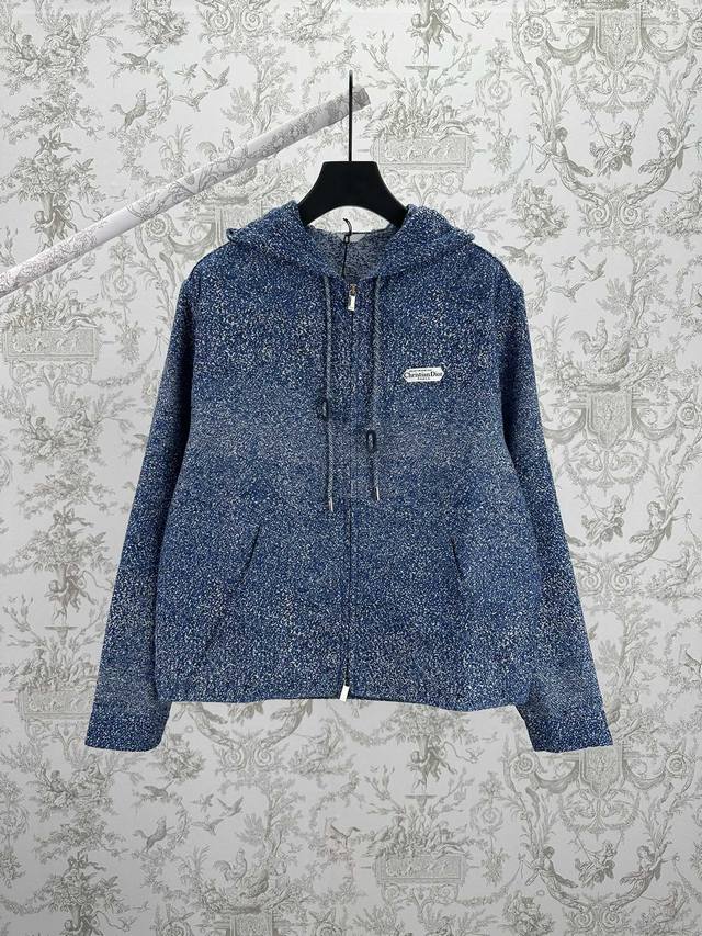 Dior 25Ss New Hooded Short Jacket in Blue Cotton Jacquard Fabric with Christian