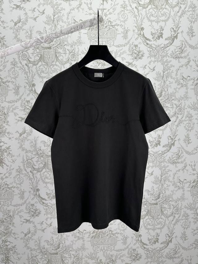 Dior 2026 Spring/Suit New Regular Fit T-Shirt, Black Cotton Plain Knit Fabric,
