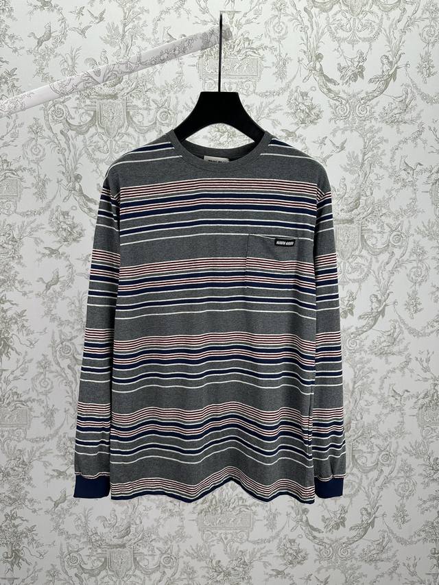 Miumiu 25Ss New Striped Crew Neck Long Sleeve with Letter Logo on Chest Pocket (