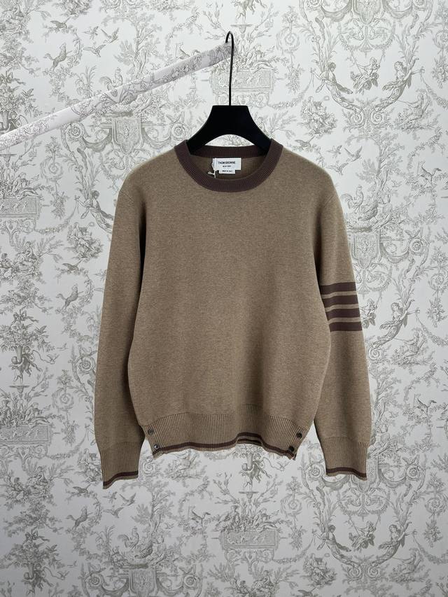 Tb 25Ss New Striped Crew Neck Long Sleeve Knit Sweater with Buttons on Cuffs and