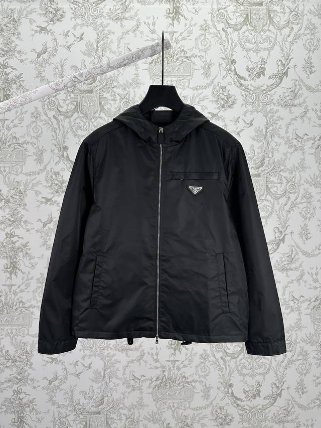 Prada 25Ss New Recycled Nylon Jacket, Logo, Solid Color Hooded Waist-cinching J