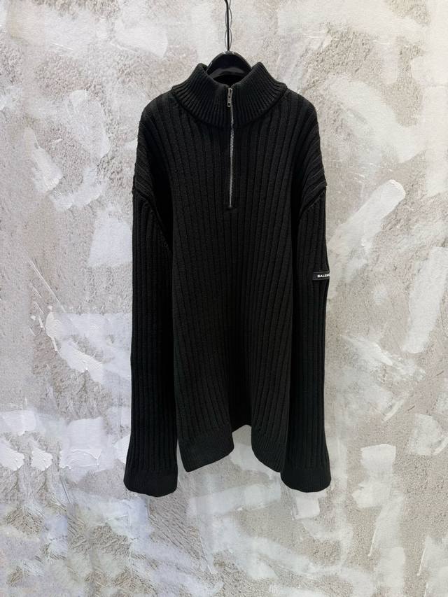 Blcg Balenciaga High-Version Silicone Leather Label Stand Collar Half Zipper Kni