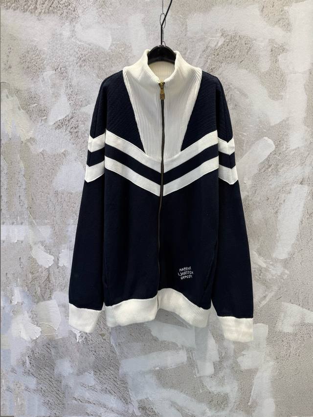 LV Color Block Preppy Striped Letter Embroidered Stand Collar Knit Zip-Up Sweate