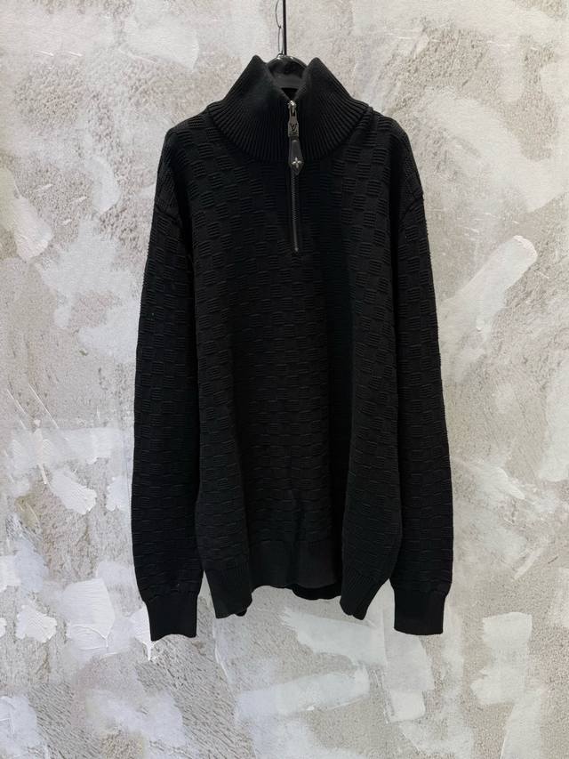LV25Fw Damier Checkerboard Half-Zip Stand Collar Sweater High-end 30% Bassula Wo