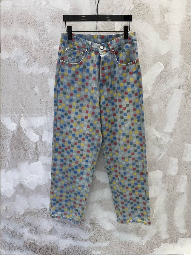 LV25Ss Checkered Colorful Plaid Jeans . Made of heavyweight twill denim, featur