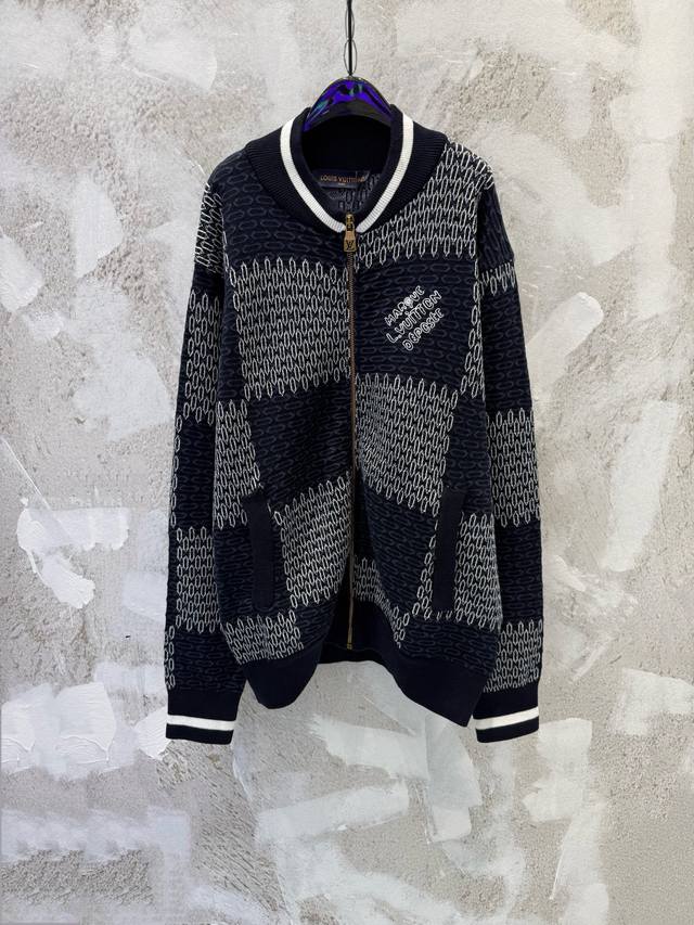 LV Damier Checkered Knit Baseball Cardigan - Classic Damier Pattern + Soft Knit
