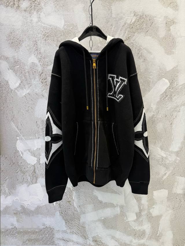 LV Monogram Floral Intarsia Zipper Cotton Hoodie Sweater Cardigan Black This lig