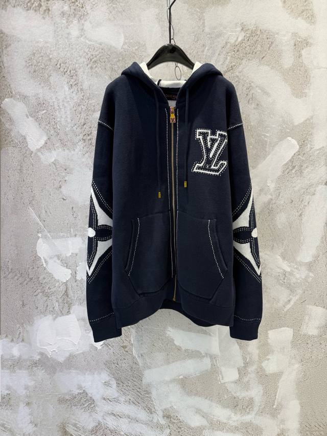 LV Monogram Floral Intarsia Zipper Cotton Hoodie Sweater Cardigan Navy Blue This