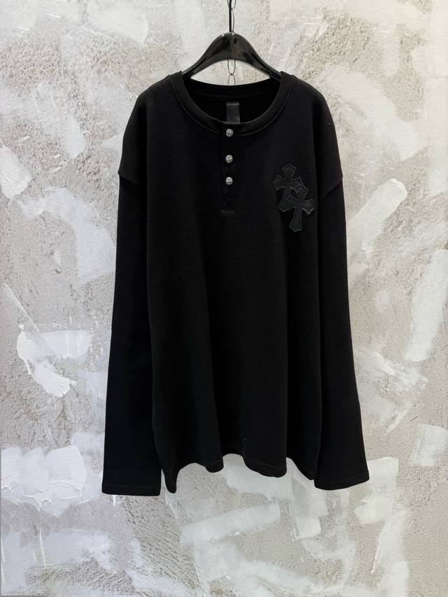 Chrome Hearts Ch 25 Patchwork Henley Collar Waffle Sweatshirt. The fabric is a