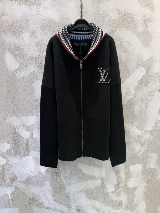 LV High-Quality Colorful Check Collar Applique Knit Zipper Flight Jacket Fabric: