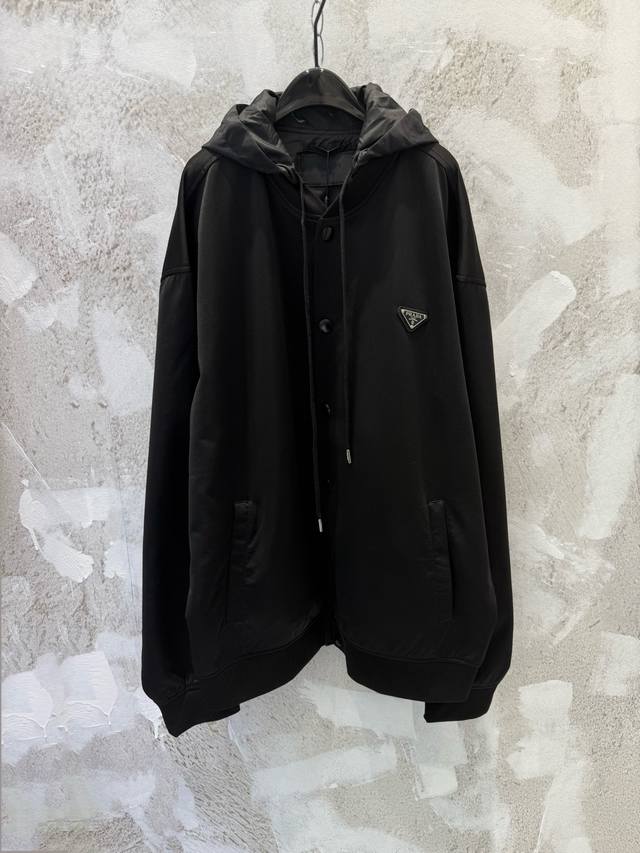 prad Triangle Logo Nylon Patchwork Hooded Jacket prad's popular hooded baseball