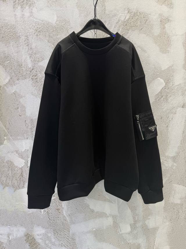 prad Black Crew Neck Sweatshirt with Patchwork Nylon Arm Zippered Pockets and Cl