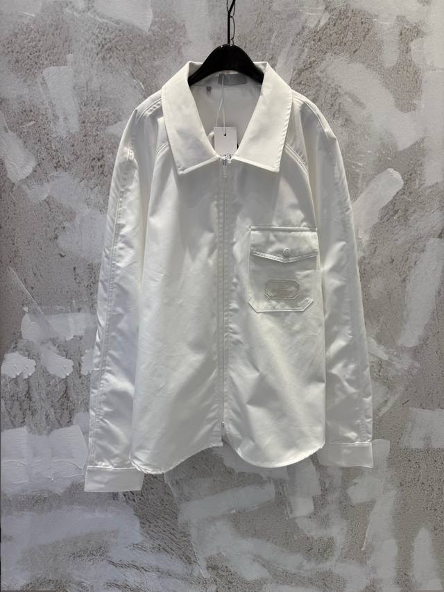 Di0R Cd Summer25 White Thin Cotton Envelope Pocket Zip-Up Shirt Jacket This zip-