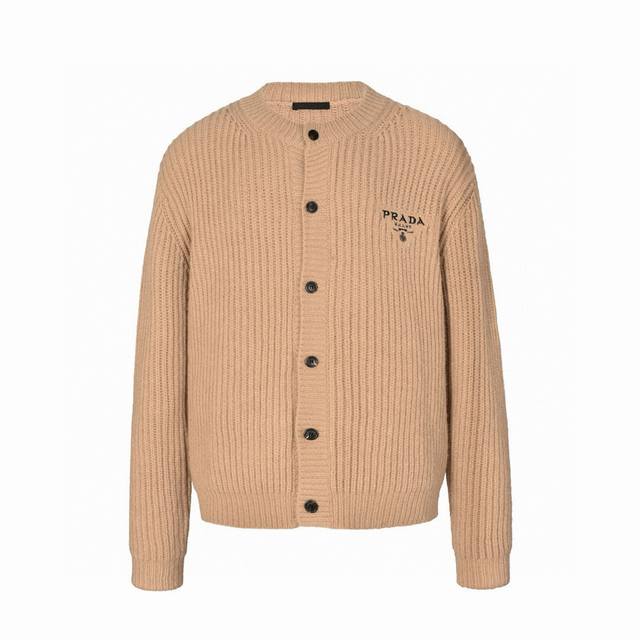 Original Quality Prada 22Fw Chunky Knit Embroidered Wool Cardigan, Khaki. Origin