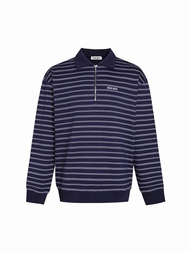 Original Quality Miu Miu 25Ss Blue and White Striped Polo Sweatshirt Color: Soli