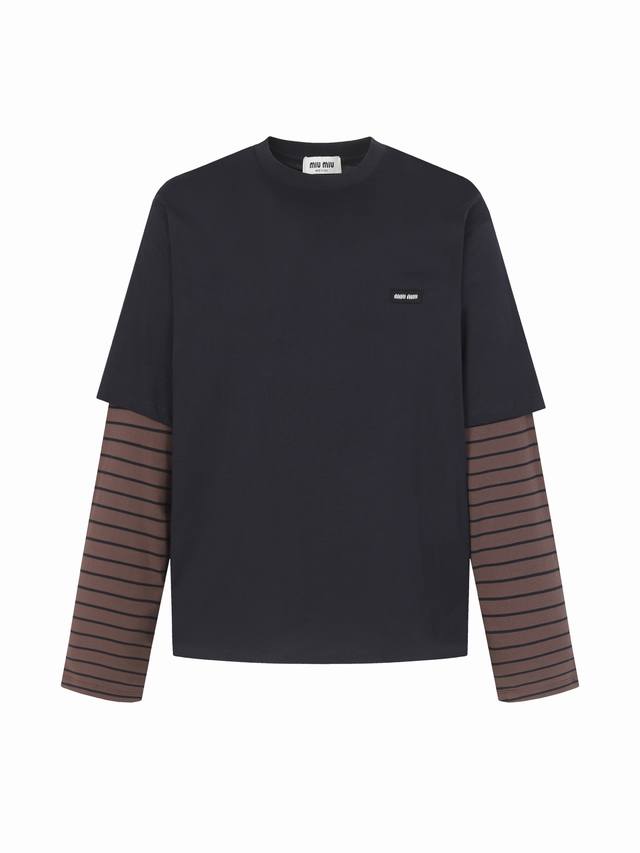 Miumiu Logo Brown Striped Faux Two-Piece Long-Sleeve Top. The fabric is made of