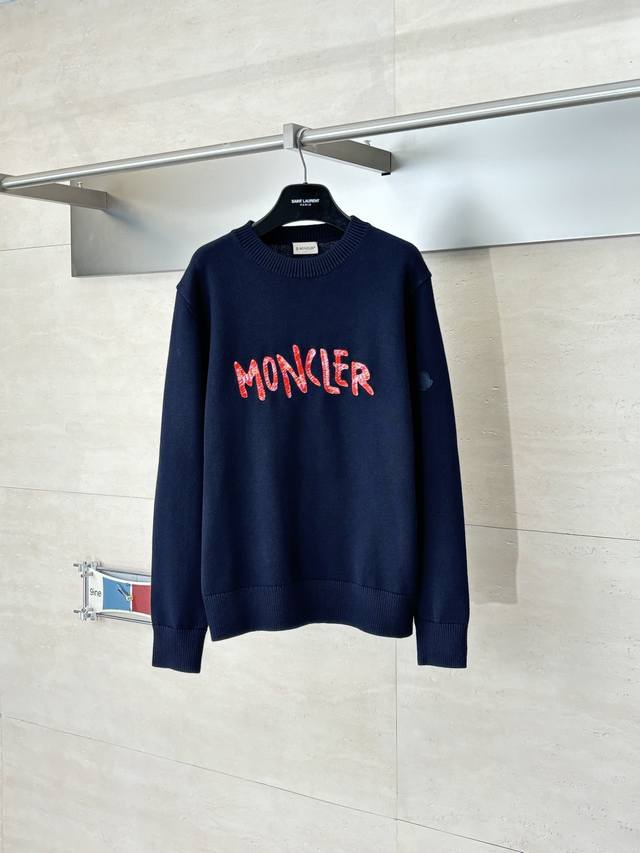 Moncle* Moncler Ss25 Embroidered Logo Crew Neck Knitted Pullover Sweater Fabric: