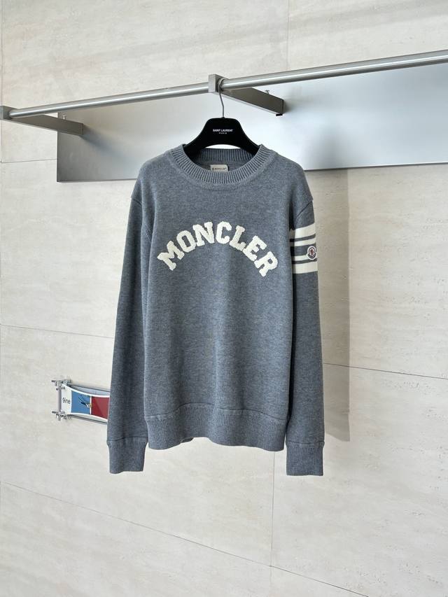 Moncle* Moncler terry cloth embroidered logo wool blend knit crew neck pullover
