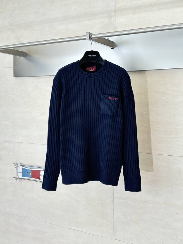 Gucc* Gucci Heavyweight Ribbed Knit Silk Wool Blend Crew Neck Sweater Features h