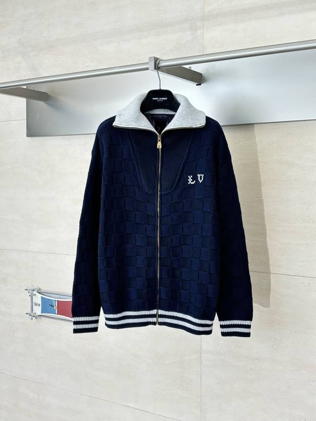 LV Louis Ss26 Dark Pattern Checkerboard Jacquard Knit Mosaic Logo Zipper Cardiga