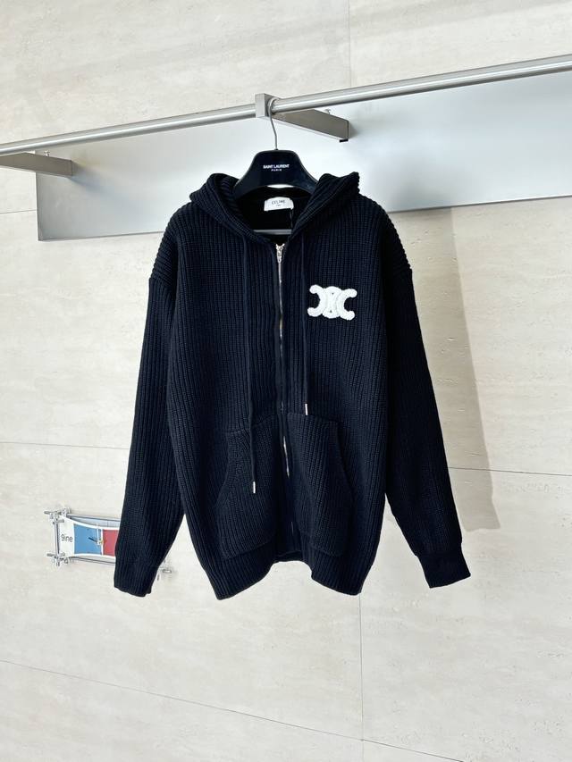 Celin* Celine Embroidered Logo Knit Hooded Zip-Up Jacket . The fabric is made f