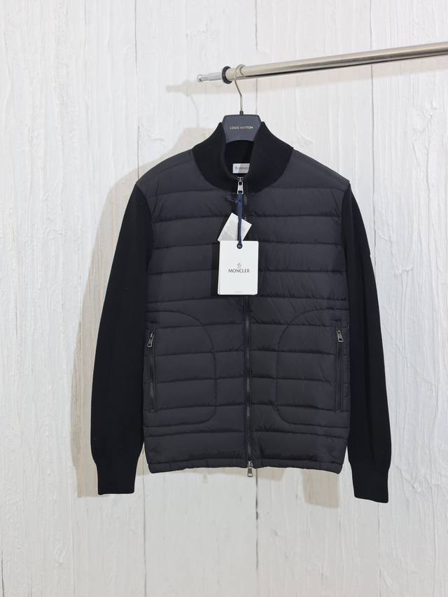 Moncle* Classic Stand Collar Zipper Wool Knit Patchwork Jacket, Single Down Jack