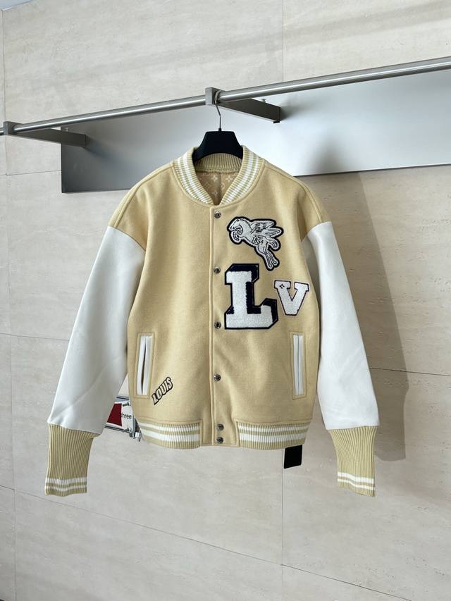 LV Louis Fw25 Pegasus Flocked Embroidered Baseball Jacket . Made with a double-