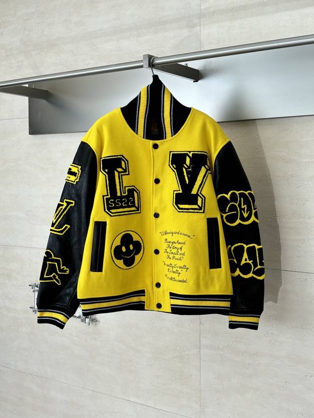 LV Louis Fw22 Black Panther Monogram Letter Baseball Jacket The fabric is a cust