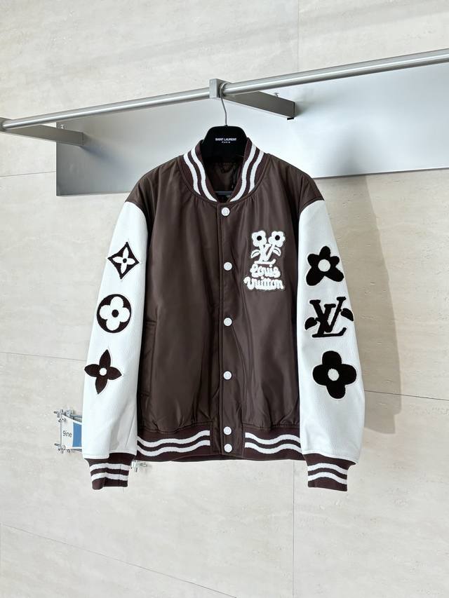 LV Louis Fw24 Brown Daisy Embroidered Baseball Jacket This baseball jacket featu