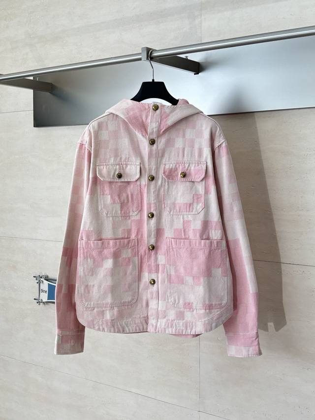 LV Louis Vuitton 25 New Pink Mosaic Hooded Denim Jacket This denim Spring/Summer