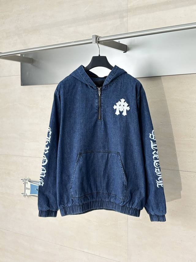 Chrome Heart* Chrome Hearts Ch Half-Zip Patchwork Color-Blocked Denim Jacket Ori