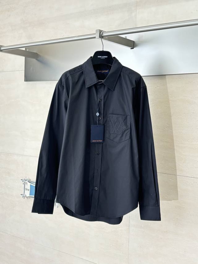 LV Louis Embroidered Pocket Collar Long-Sleeve Shirt The fabric has a distinct t