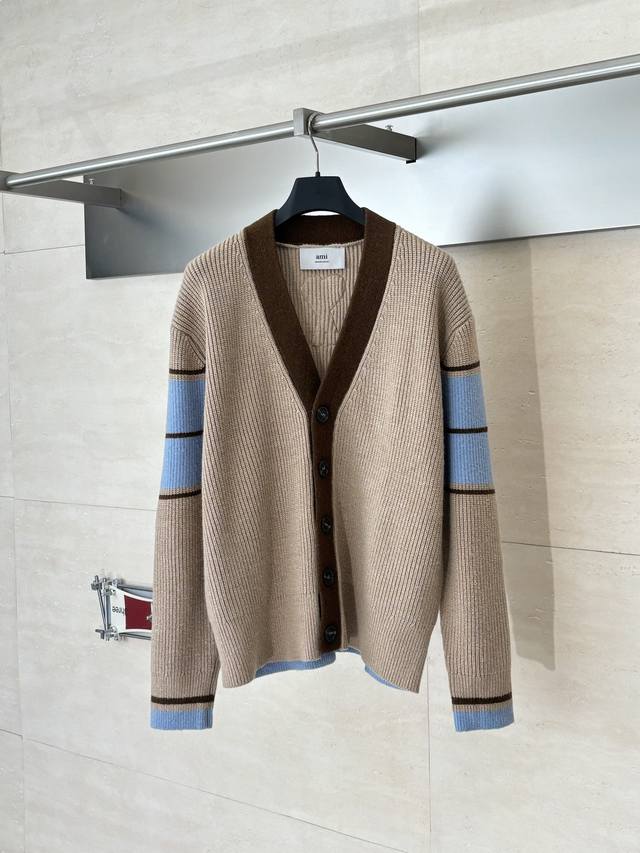 Ami Heart-embroidered V-neck striped knit cardigan Size: SML XL