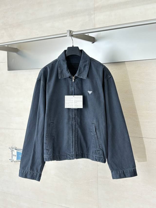 prad* Prada Triangle Logo Washed Distressed Denim Jacket Custom Nano Deep Blue W