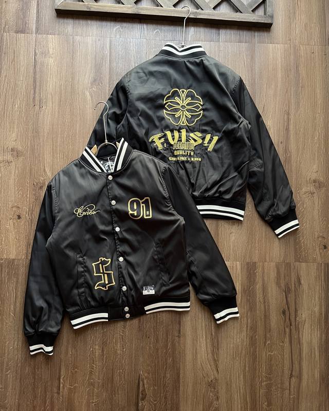 Evisu Men's Baseball Jacket with Embroidered Floral and Trademark Design, Pilot