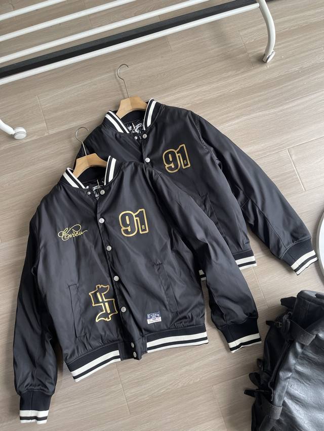 Evisu Men's Baseball Jacket with Embroidered Floral and Trademark Design, Pilot