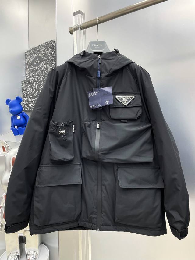 pra*Prada 2025 Winter New Workwear Pocket Patchwork Letter Down Cotton Jacket Ho