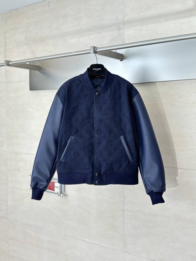 LV Louis Vuitton SS26 Embossed All-Over Print Leather Baseball Jacket This baseb